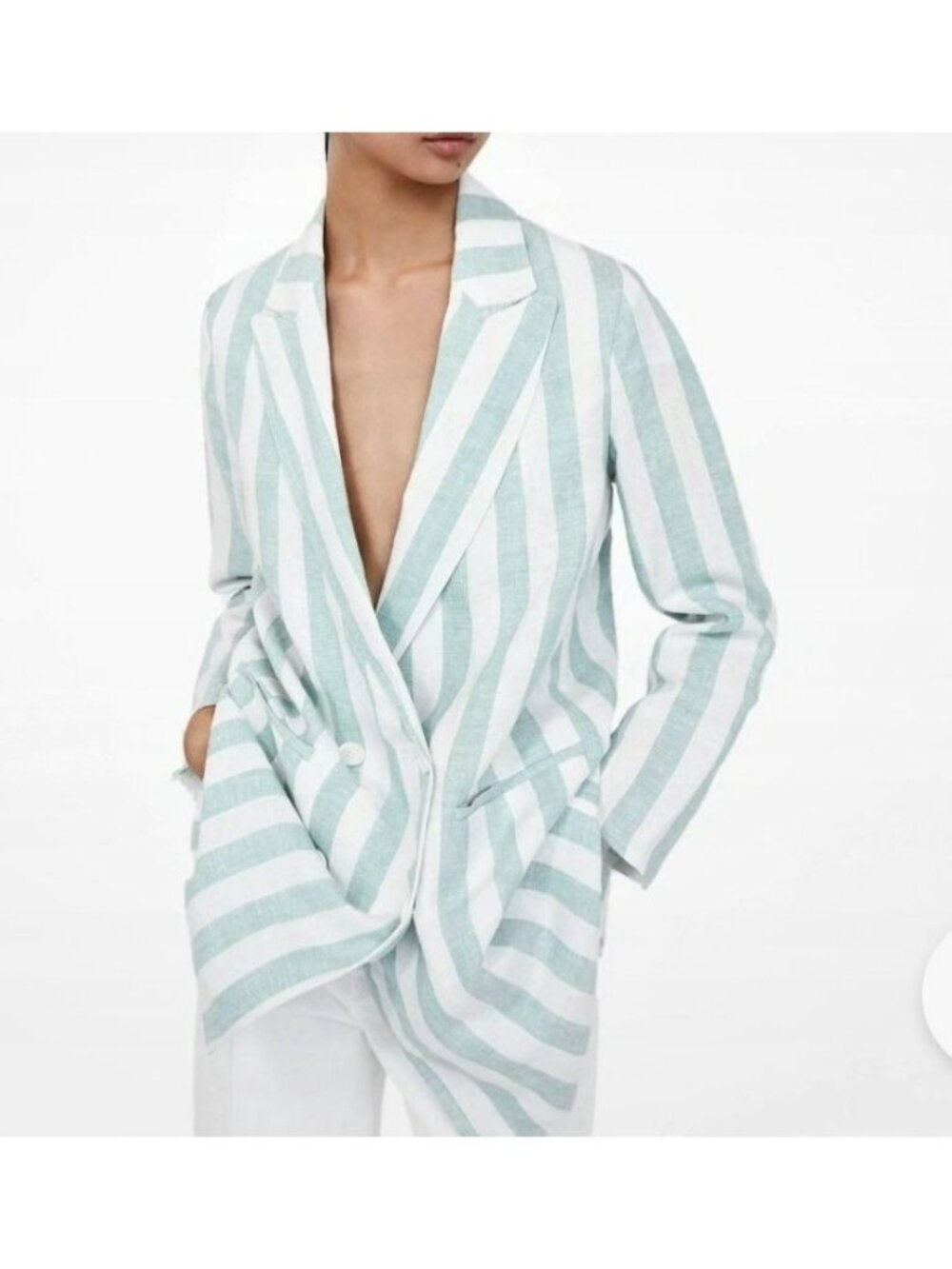 Zara Basic Womens Oversized Striped Blazer Jacket 100% Linen S Light Green & Whi